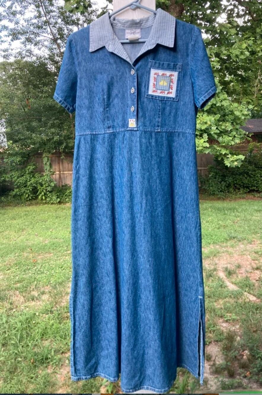 Studio Ease-Vintage Cottagecore Denim Dress Checked Collar Patch Embroidery-M
